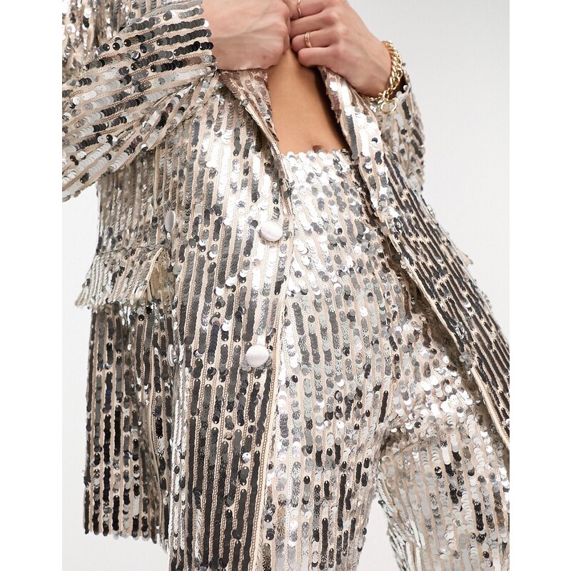 ASOS DESIGN - Pantaloni da abito a sigaretta con paillettes color argento