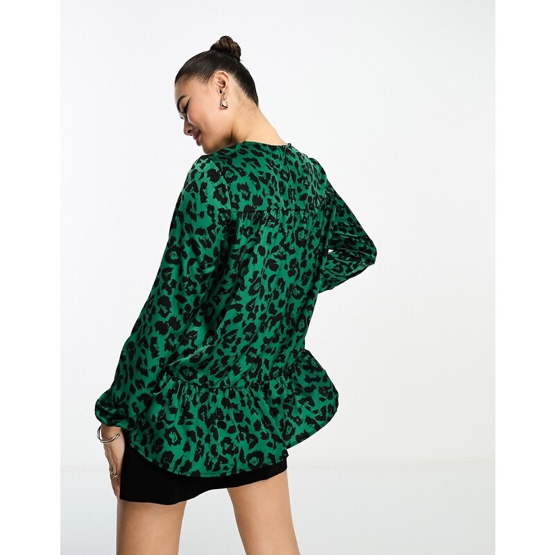 Ax Paris - Blusa verde con stampa leopardata e fondo peplo