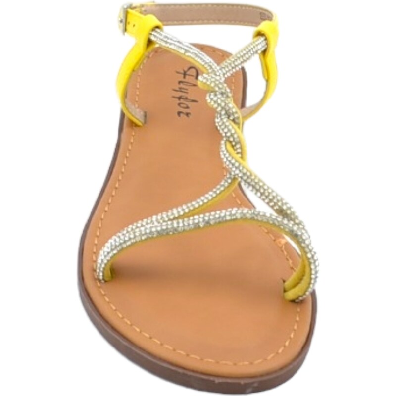 Malu Shoes Sandalo gioiello basso donna giallo raso terra treccia centrale brillantini chiusura caviglia regolabile antiscivolo