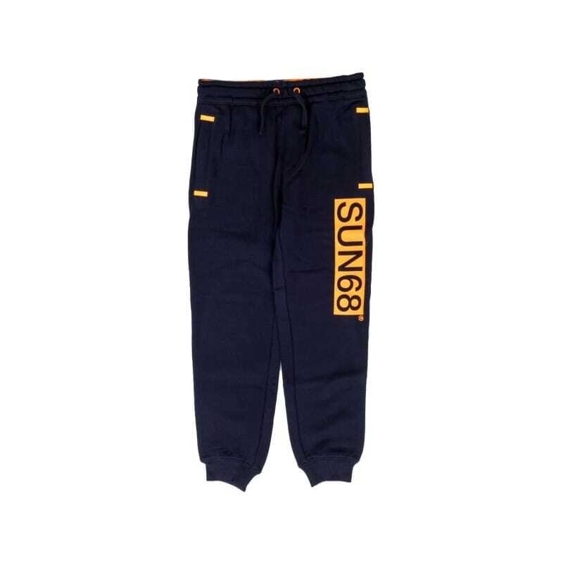 Sun68 pantalone tuta blu bambino in cotone con elastico alle caviglie logo sul lato e sul retro