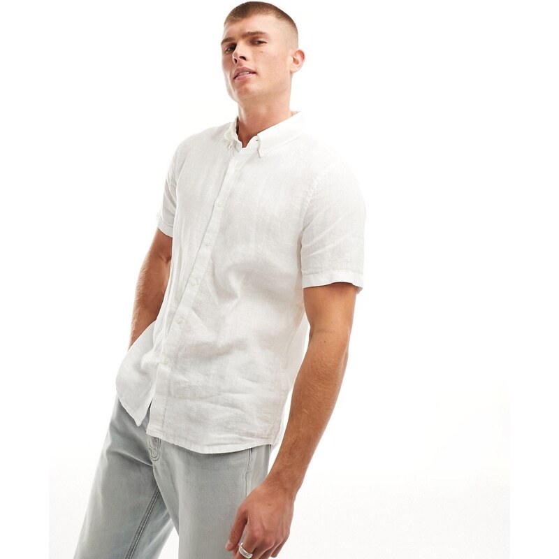 Abercrombie & Fitch - Camicia a maniche corte in lino bianca-Bianco