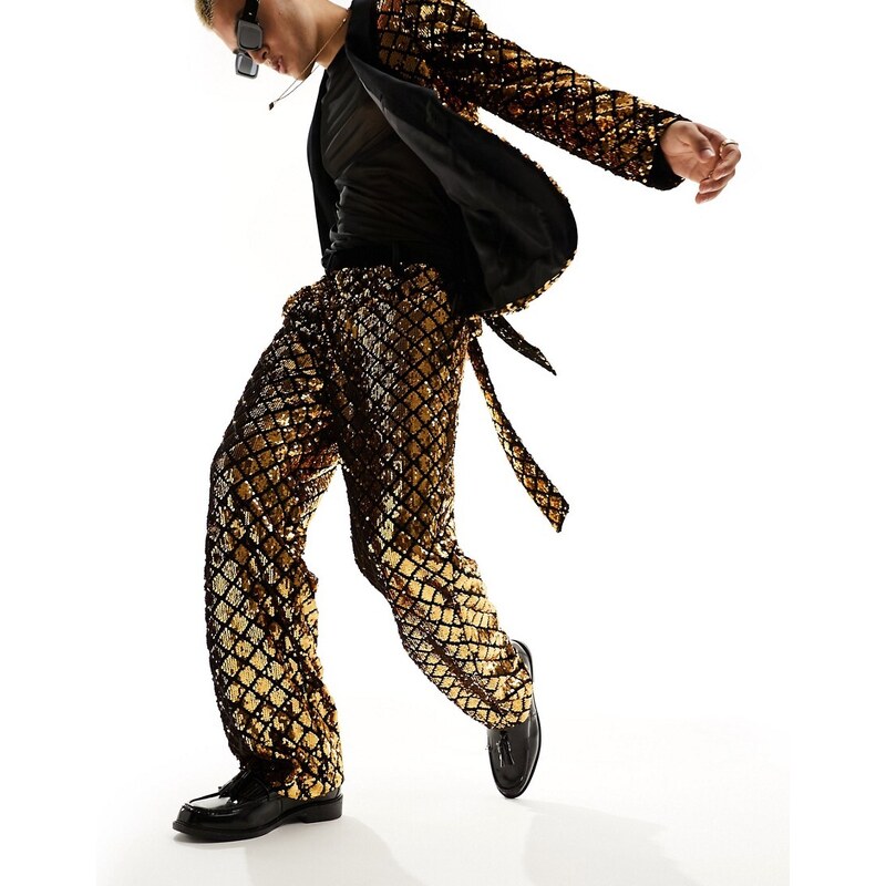 ASOS DESIGN - Pantaloni da abito ampi con paillettes a rombi color oro