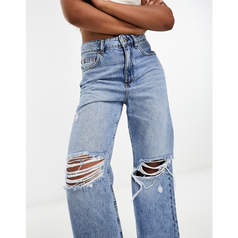 Miss Selfridge - Jeans ampi blu lavaggio medio con strappi sulle ginocchia