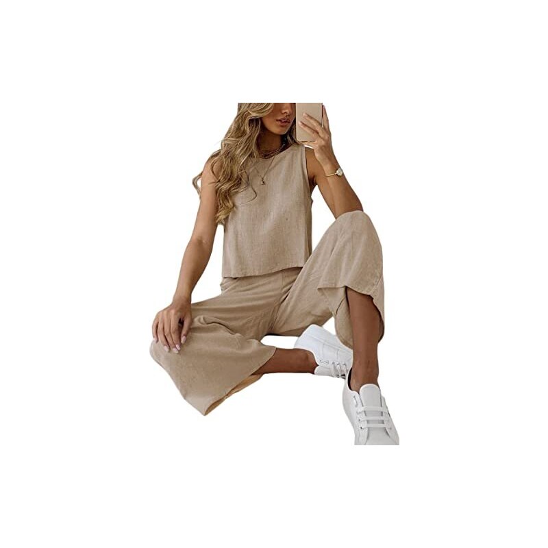 Floerns Completo 2 Pezzi Donna - Tuta Canotta Senza Maniche E Pantaloni A Gamba Dritta, Tessuto Elasticizzato A Costine, Taglie XS-L