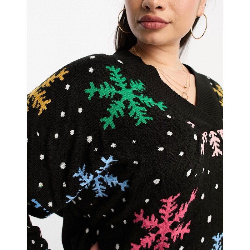 Threadbare Plus - Maglione natalizio multicolore con scollo a V