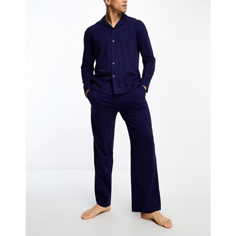 ASOS DESIGN - Pigiama con camicia a maniche lunghe e pantaloni, colore blu navy jersey