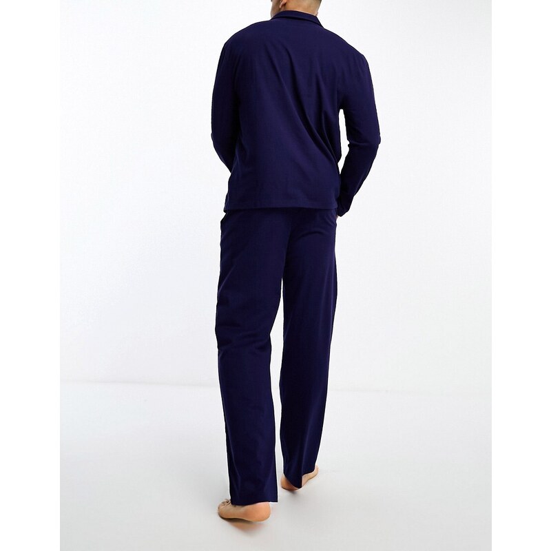 ASOS DESIGN - Pigiama con camicia a maniche lunghe e pantaloni, colore blu navy jersey