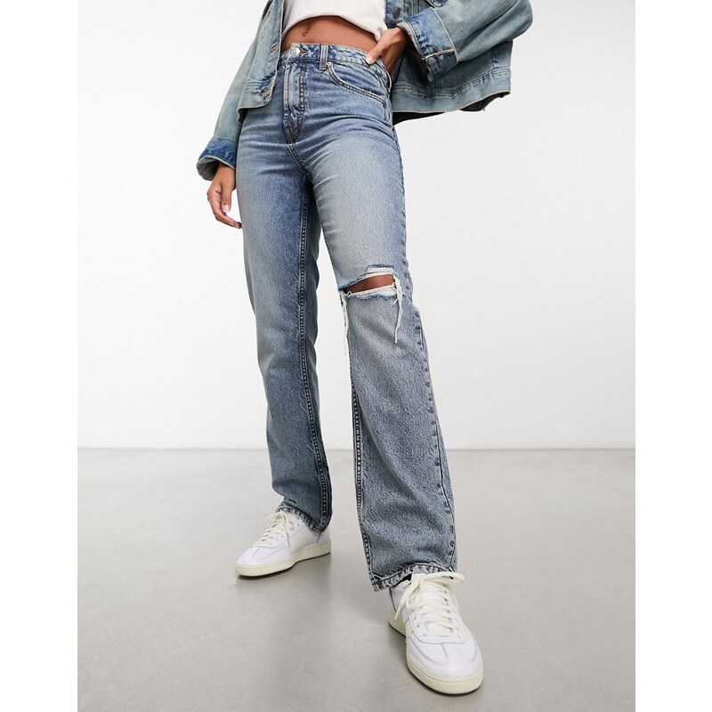 ASOS DESIGN - Jeans dritti anni '90 blu con strappo sulle ginocchia