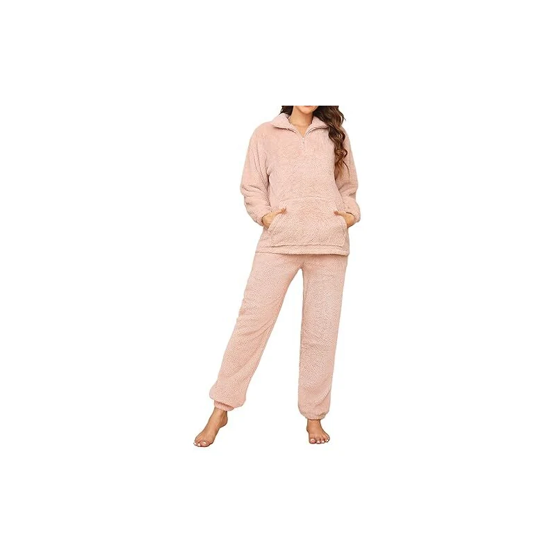 UMIPUBO Pigiama Donna Invernale Felpato Pigiami in Pile Caldo Set Due Pezzi Tuta Termico Invernali Completo da Casa Top a Maniche Lunghe e Pantaloni Lounge Morbido Sleepwear con Tasche (Blu, XXL