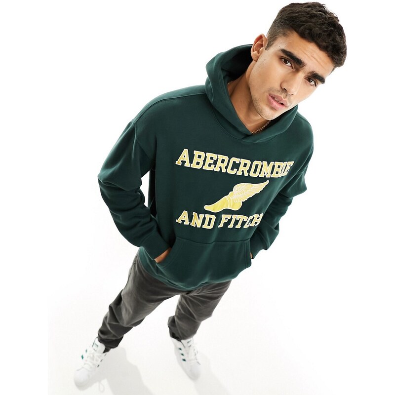 Abercrombie & Fitch - Felpa verde con cappuccio e logo oversize stile college