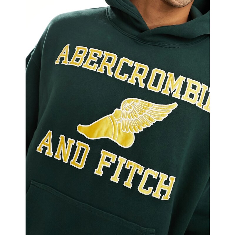 Abercrombie & Fitch - Felpa verde con cappuccio e logo oversize stile college