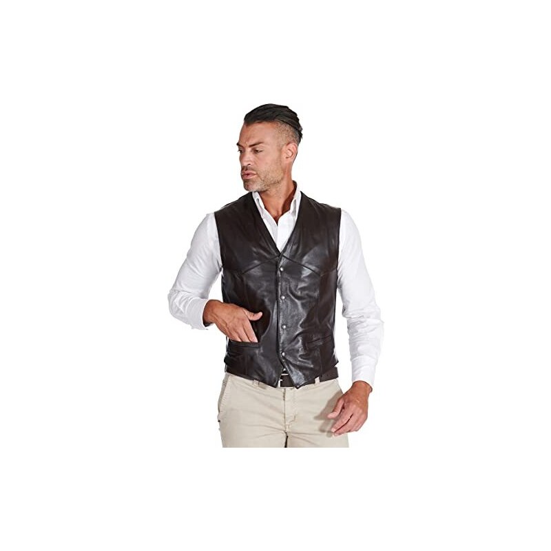 Gilet da motociclista in pelle di vacchetta nera da uomo