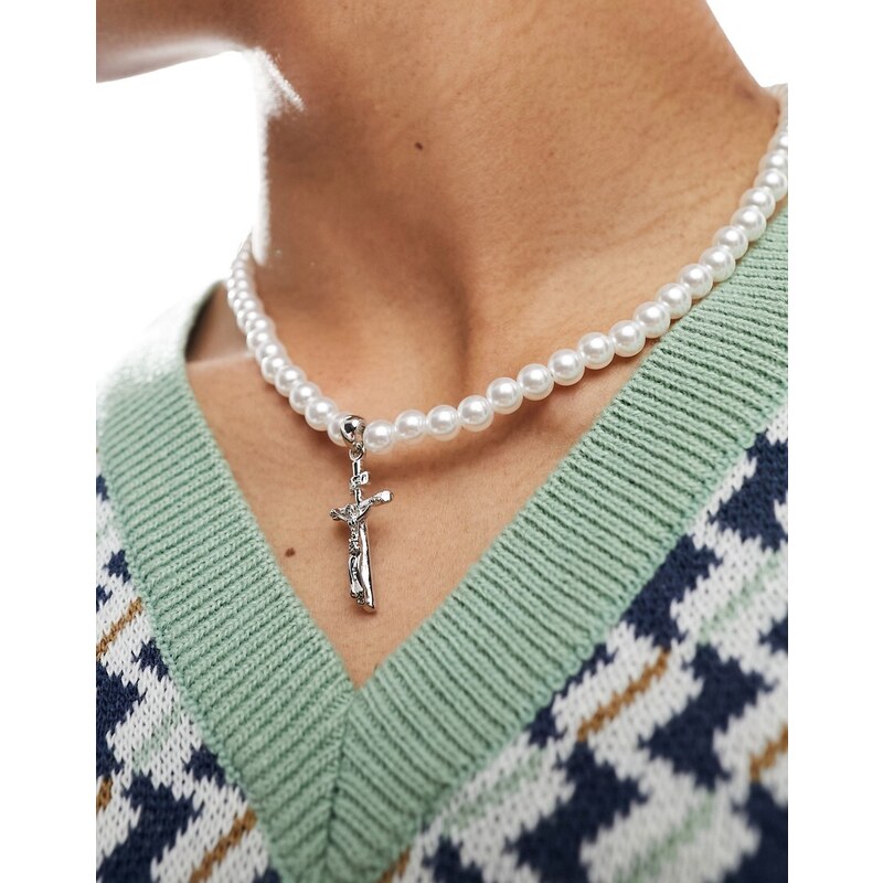 ASOS DESIGN - Collana con perle sintetiche da 6 mm con pendente a croce argentata-Argento
