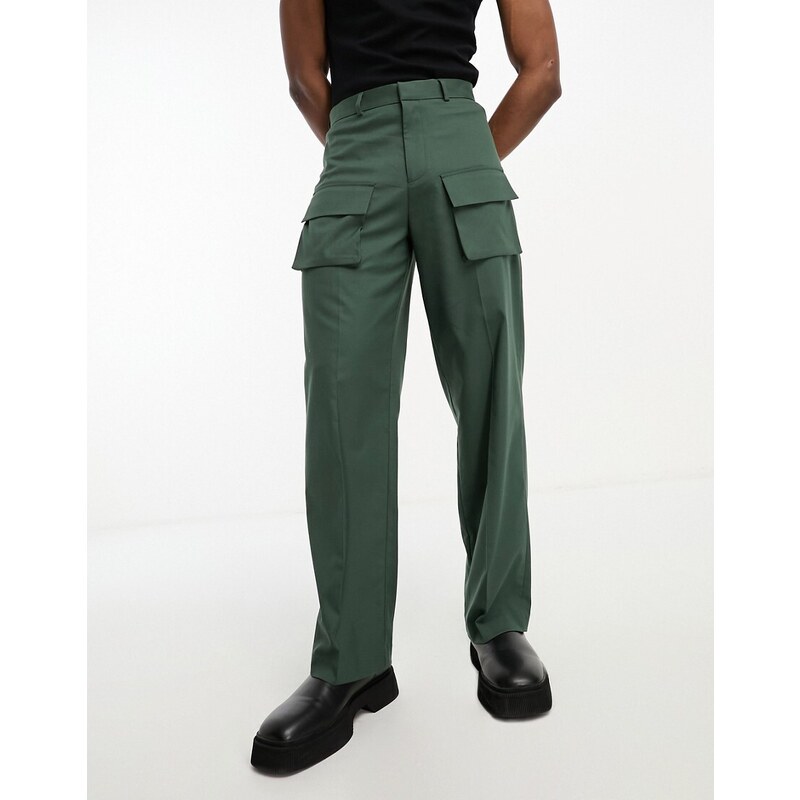 ASOS DESIGN - Pantaloni da abito verdi ampi con tasche cargo-Verde