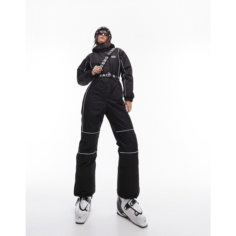 Topshop - Sno - Tuta da sci nera con cappuccio e cintura-Nero