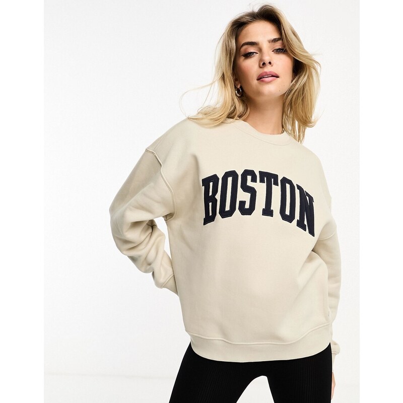 Pull&Bear - Felpa oversize stile college con scritta "Boston" color sabbia-Neutro