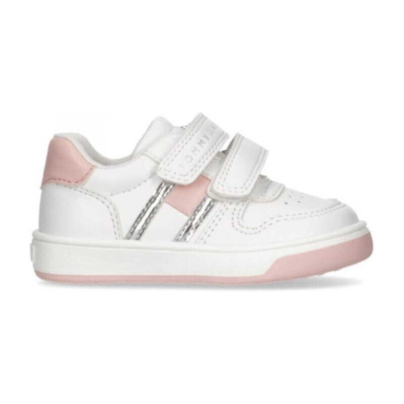 Tommy Hilfiger scarpe bianche bambina con dettagli in rosa chiusura strappi logo laterale