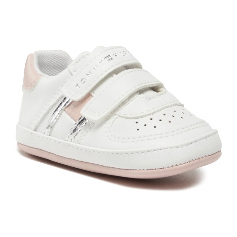 Tommy Hilfiger scarpe bianche bambina dettagli in rosa con strappi logo laterale
