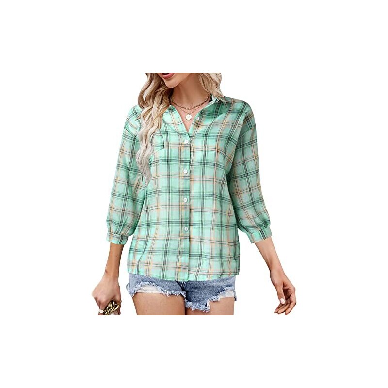 Enmain Camicia Quadri Donna Morbido Blusa Maniche Lunghe Camicetta Scozzese Casual Button Down Shirts Arancione S