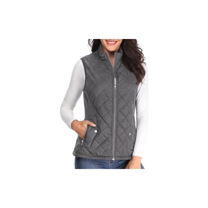 MISS MOLY Gilet da donna con colletto alto, invernale, caldo, ultraleggero,  grigio scuro, XL 