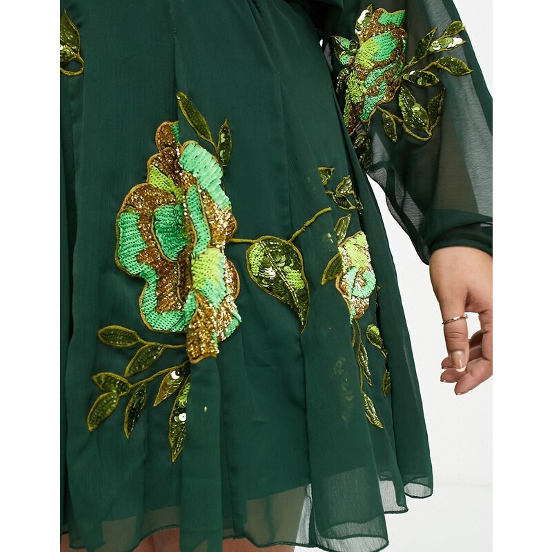 ASOS Curve ASOS DESIGN Curve - Vestito corto verde a fiori con cintura e gonna godet-Giallo
