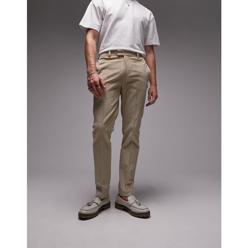 Topman - Pantaloni da abito skinny a coste color pietra-Brown