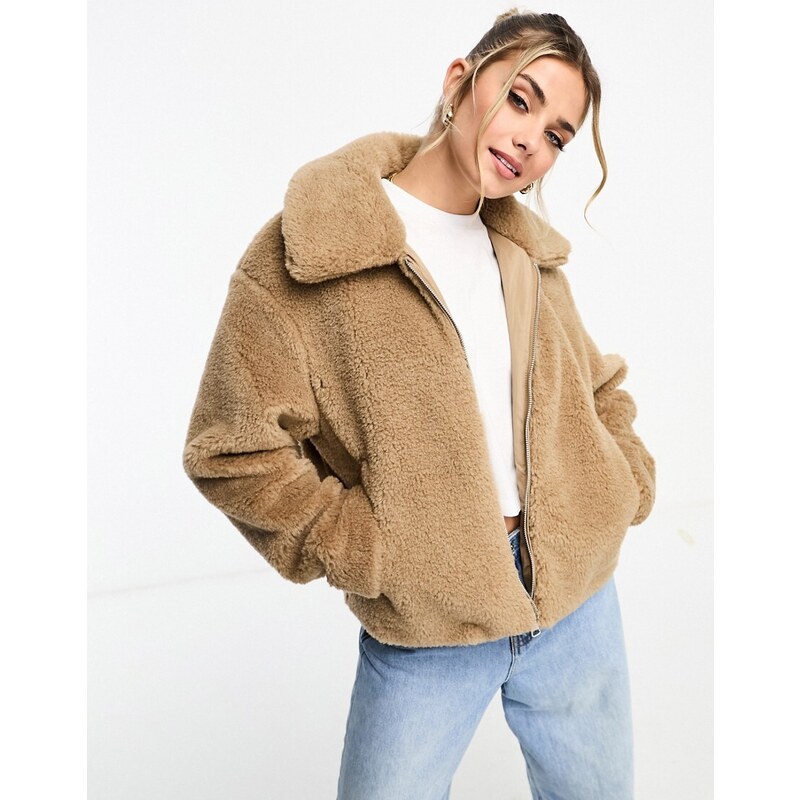 Pull&Bear - Giacca in pile borg marrone cuoio