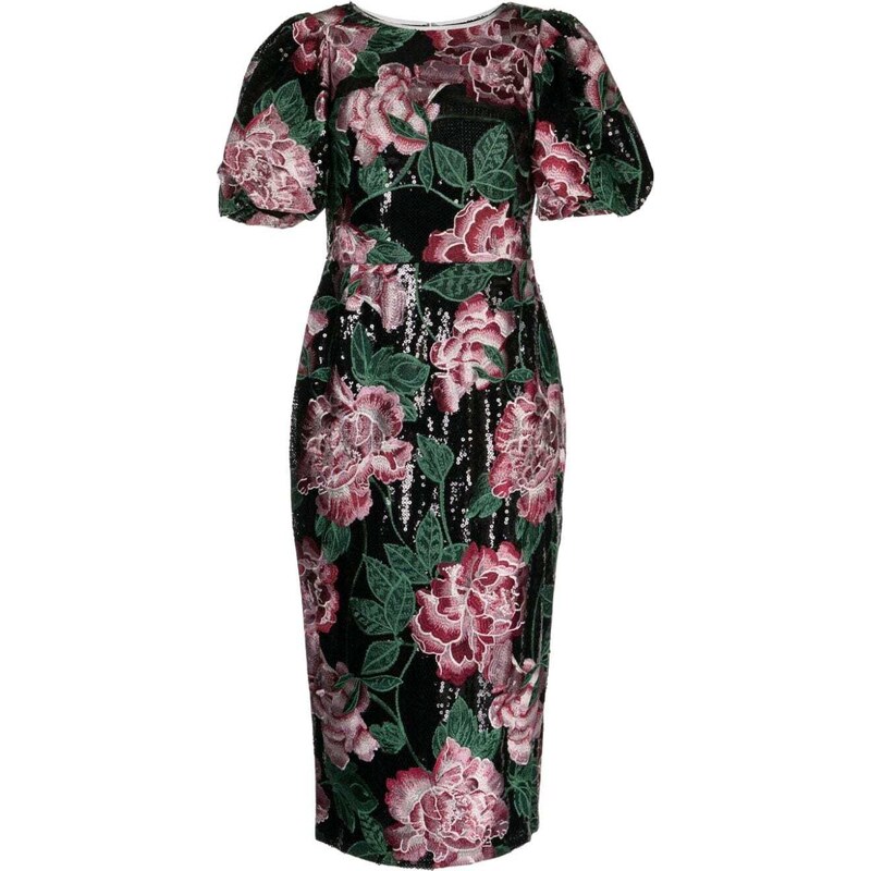 Marchesa Notte Abito midi con ricamo a fiori - Nero Marchesa Notte Abito midi con ricamo a fiori - Nero