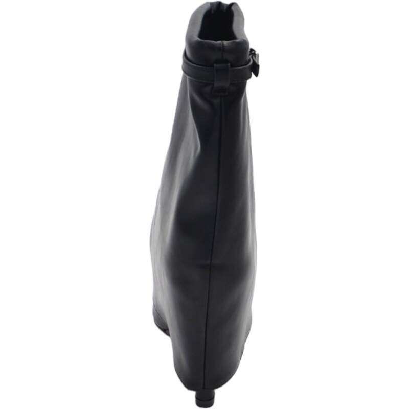 Malu Shoes Tronchetto stivaletto donna a punta zeppa interna 10 cm modello shark in pelle nera con risvolto e gancio argento
