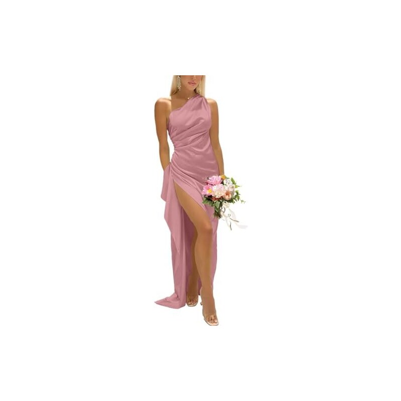 Abito Lungo Damigella D'Onore In Raso, Sirena Con Spacco, Scollo Halter, Senza Maniche, Taglia 42, Colore Rosa Polvere, Per Serate E Balli