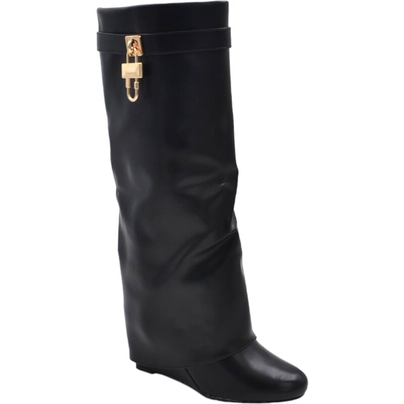 Malu Shoes Stivali donna nero al ginocchio con pezzo di pelle risvolto fino a terra catenaccio oro punta rotonda comodo zeppa 5 cm