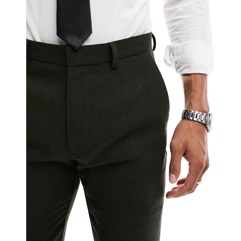ASOS DESIGN Wedding - Pantaloni da abito skinny in misto lana color bosco testurizzato-Verde