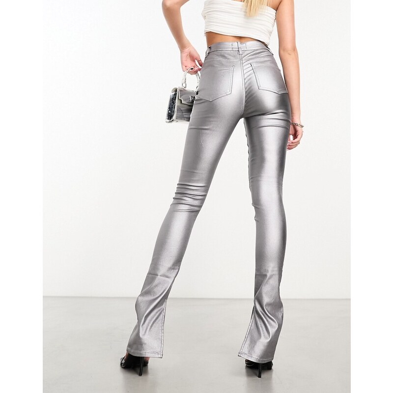 ASOS DESIGN - Pantaloni a zampa skinny argento metallizzato con spacco per stivaletti