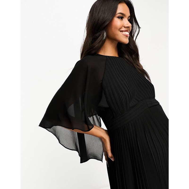 TFNC Maternity - Vestito lungo a pieghe nero con dettaglio stile mantella