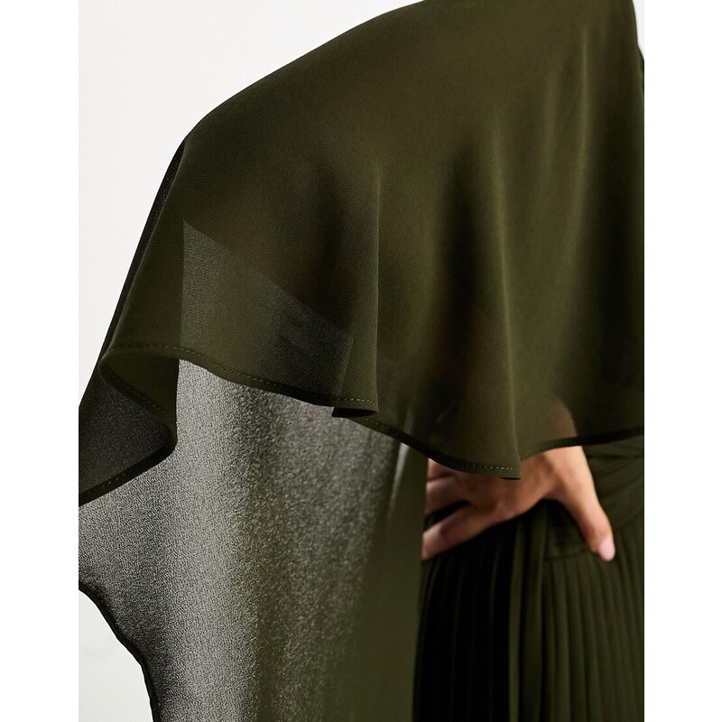 TFNC - Vestito lungo a pieghe color oliva con dettaglio a mantella-Verde