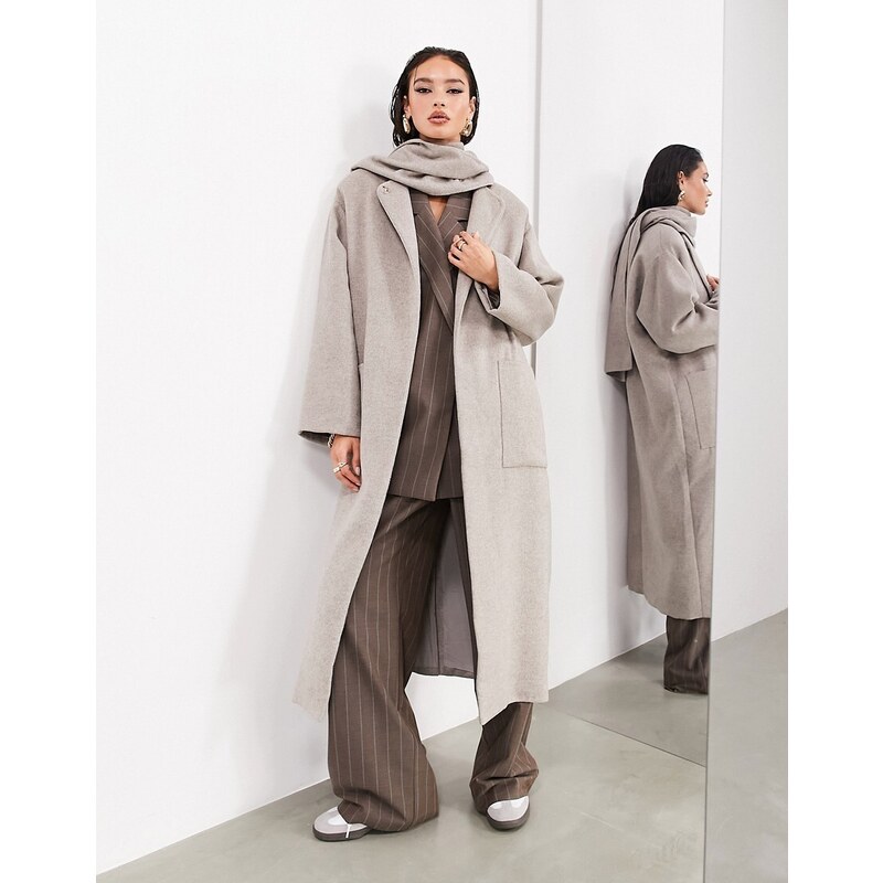 ASOS EDITION - Cappotto lungo con sciarpa e tasche in misto lana tortora-Neutro