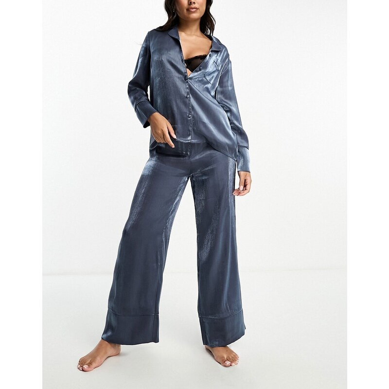 Loungeable - Pigiama in raso blu acciaio con top con revere e pantaloni