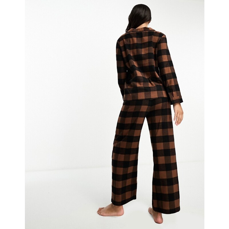 Loungeable - Set pigiama in cotone pettinato con top a maniche lunghe e pantaloni marrone cioccolato a quadri