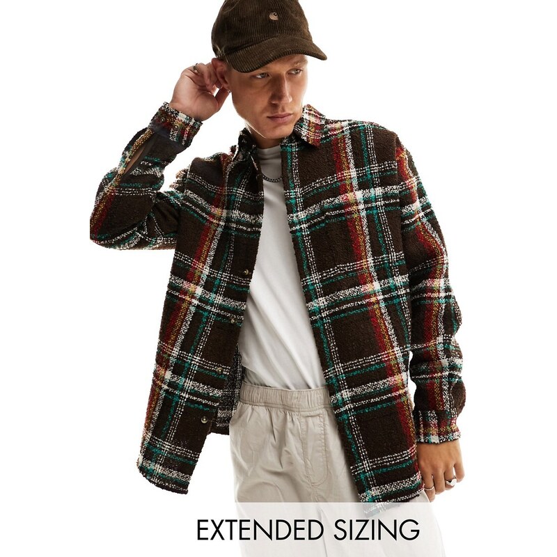 ASOS DESIGN - Camicia giacca oversize in misto lana bouclé a quadri marrone stile anni '90