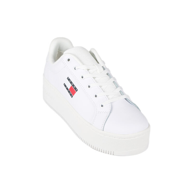 Tommy Hilfiger Flatform Ess Sneakers Donna In Pelle Con Zeppa Bianco Taglia 41
