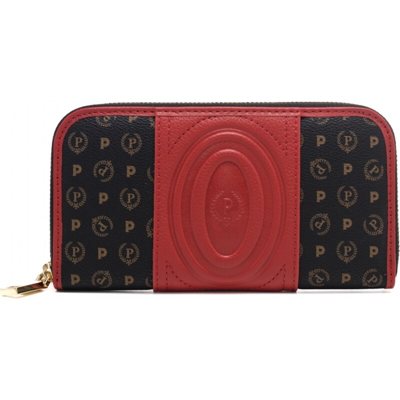 Pollini portafoglio donna zip-around con stampa heritage nero e rosso