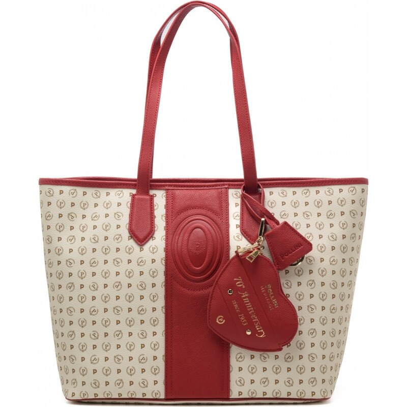 Pollini borsa shopping donna heritage con doppio manico e charm in pelle avorio rosso