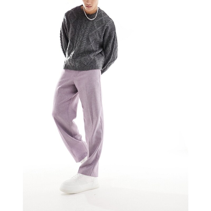 ASOS DESIGN - Pantaloni eleganti a fondo ampio in misto lana viola con motivo a spina di pesce