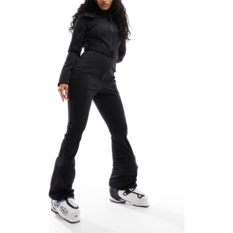 ASOS 4505 Hourglass - Ski - Tuta da sci impermeabile nera con cappuccio in pelliccia sintetica e cintura-Nero