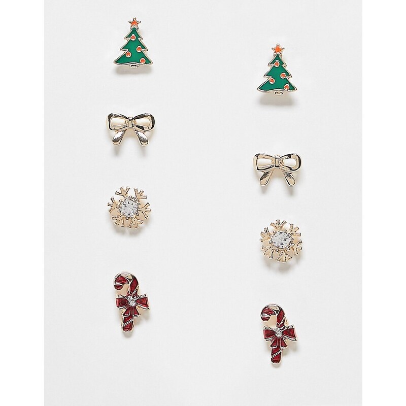 ASOS DESIGN - Confezione da 4 paia di orecchini natalizi con design a forma di bastoncini da zucchero e alberi di Natale-Multicolore