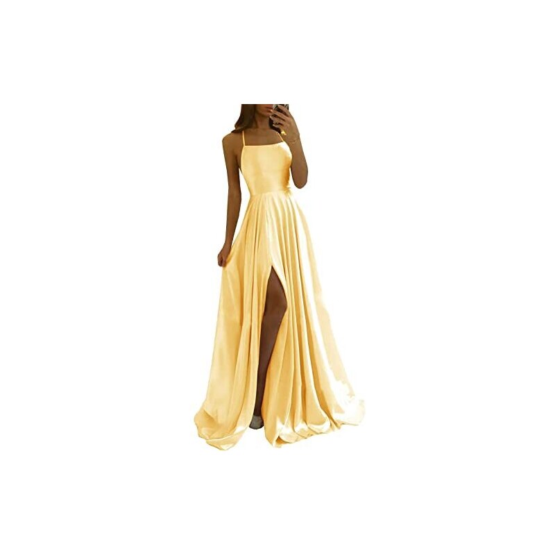 Abito Da Ballo Donna In Raso Con Pizzo - Spalline Sottili, Scollo A V, Spacco, Lungo Fino A Terra, Su Misura