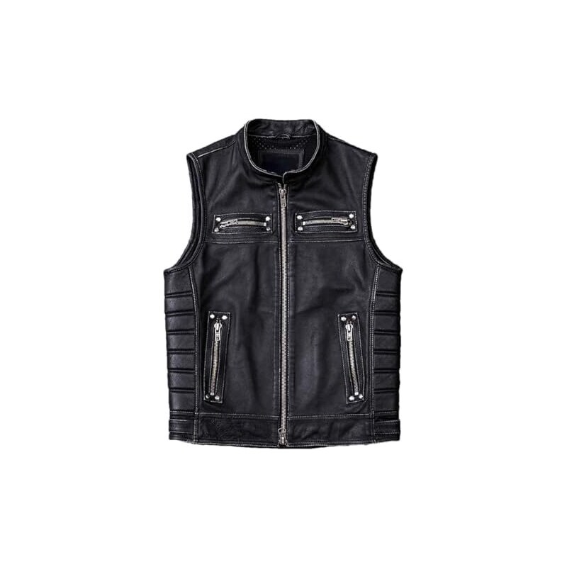 Gilet In Vera Pelle Di Mucca Per Uomo, Nero, Chiusura A Bottone. Perfetto Per Moto E Tempo Libero. Marca Gearx, Made In UK. Nuovo Con Etichette.