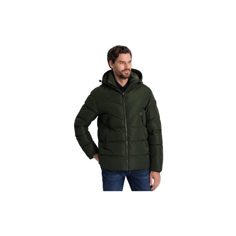 Ombre Giacca invernale trapuntata da uomo con cappuccio con cerniera tasche  laterali con zip comoda ergonomica, casual e funzionale, verde scuro, S 