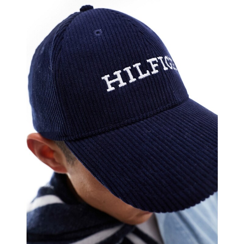 Tommy Hilfiger - Cappellino in velluto a coste blu spaziale con scritta del logo-Blu navy