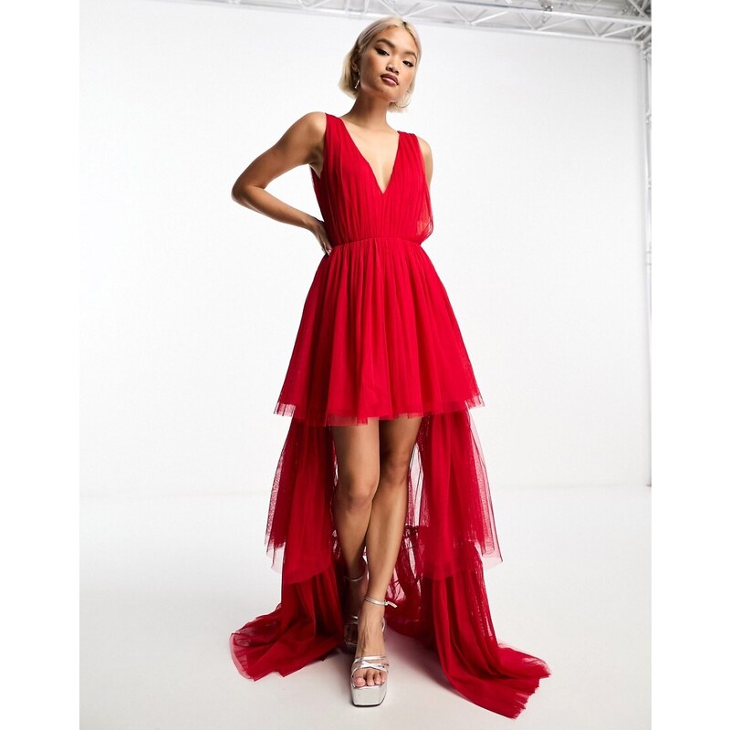 Lace & Beads - Vestito lungo in tulle rosso asimmetrico con scollo profondo e gonna a balze